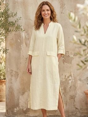 Soft Surroundings 100% Linen Lagenlook Kaftan Dress in Ivory - Medium